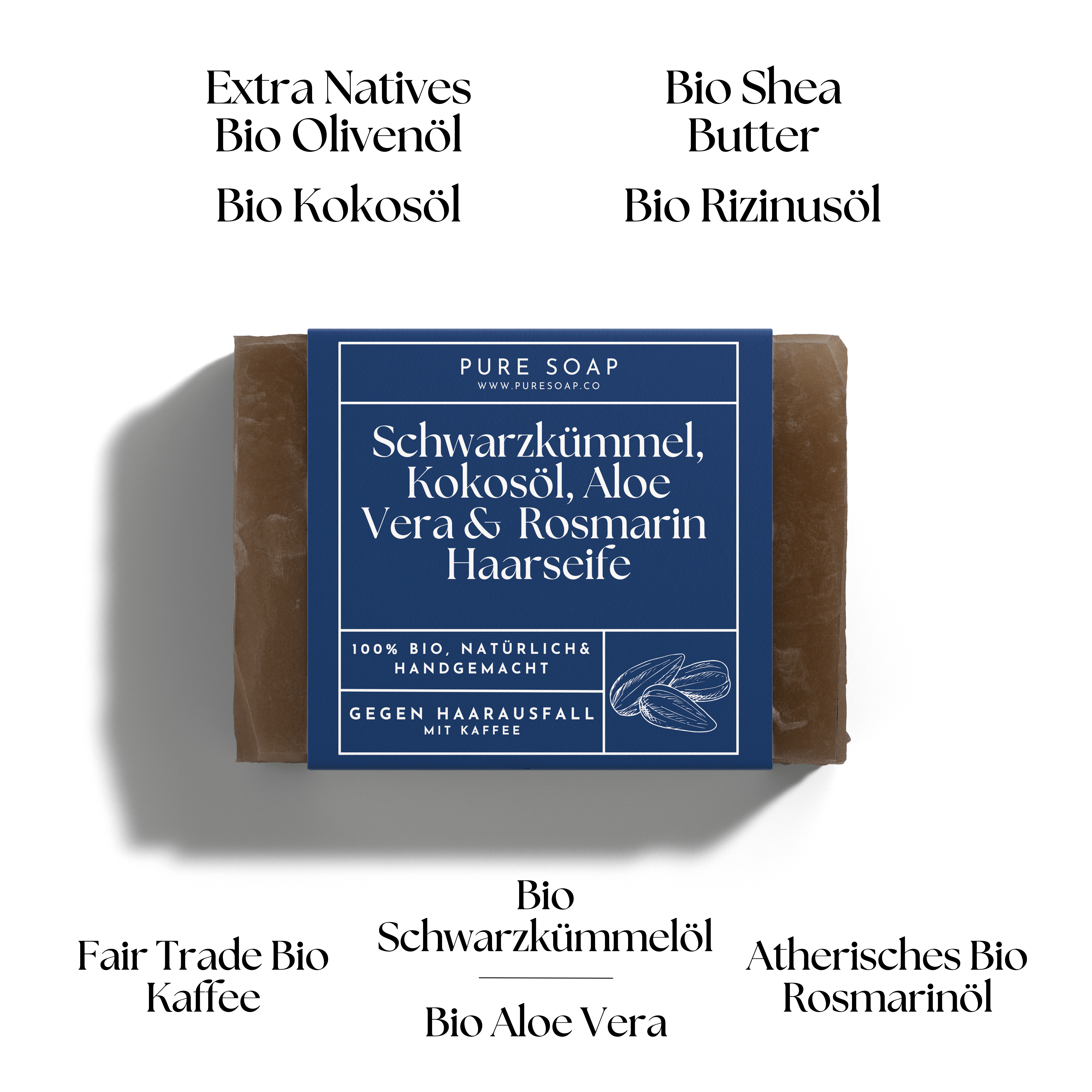 Festes Shampoo mit Schwarzkümmelöl, Aloe Vera, Rosmarin & Kaffee 100g