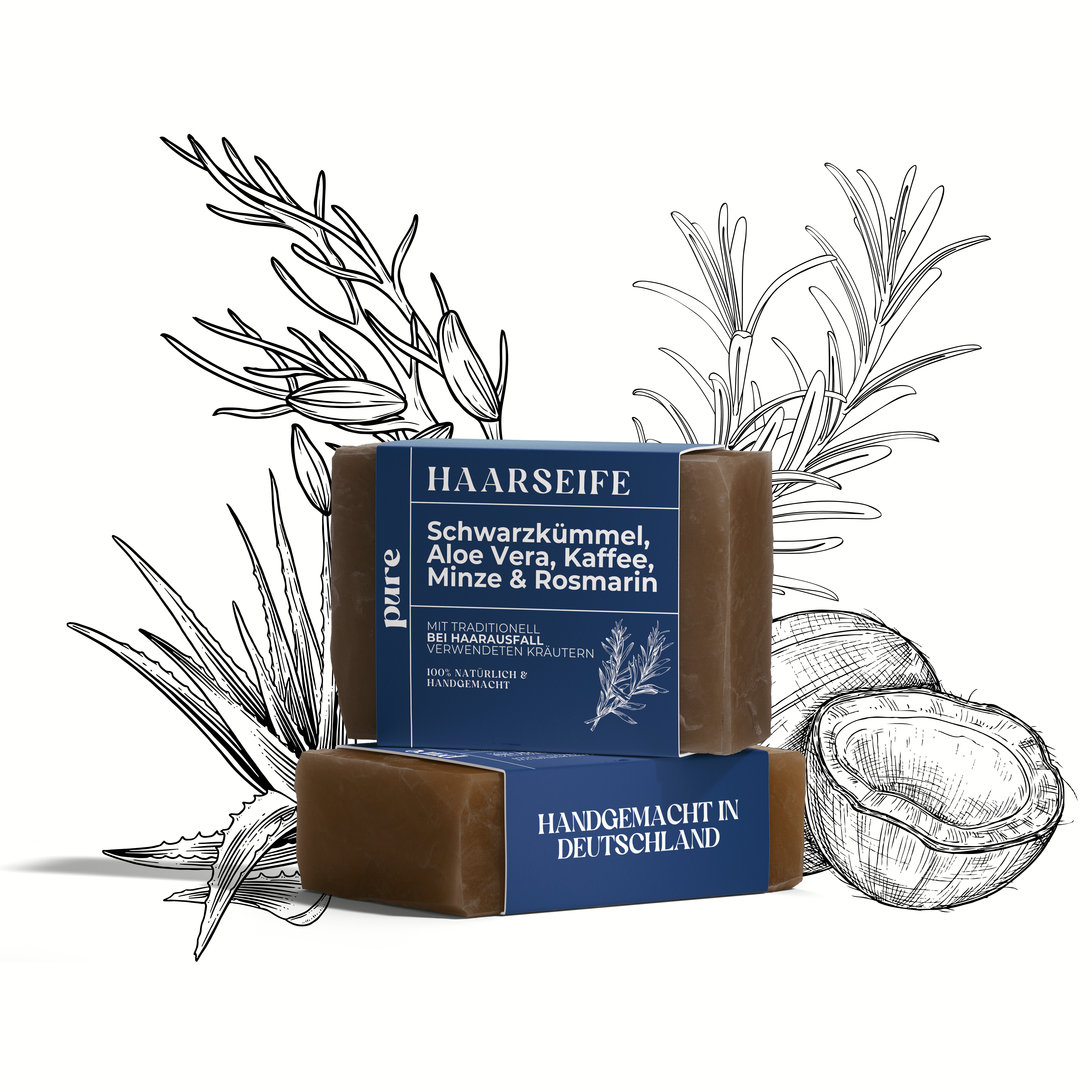 Haarseife mit Schwarzkümmel, Aloe Vera, Kaffee & Rosmarin 100g