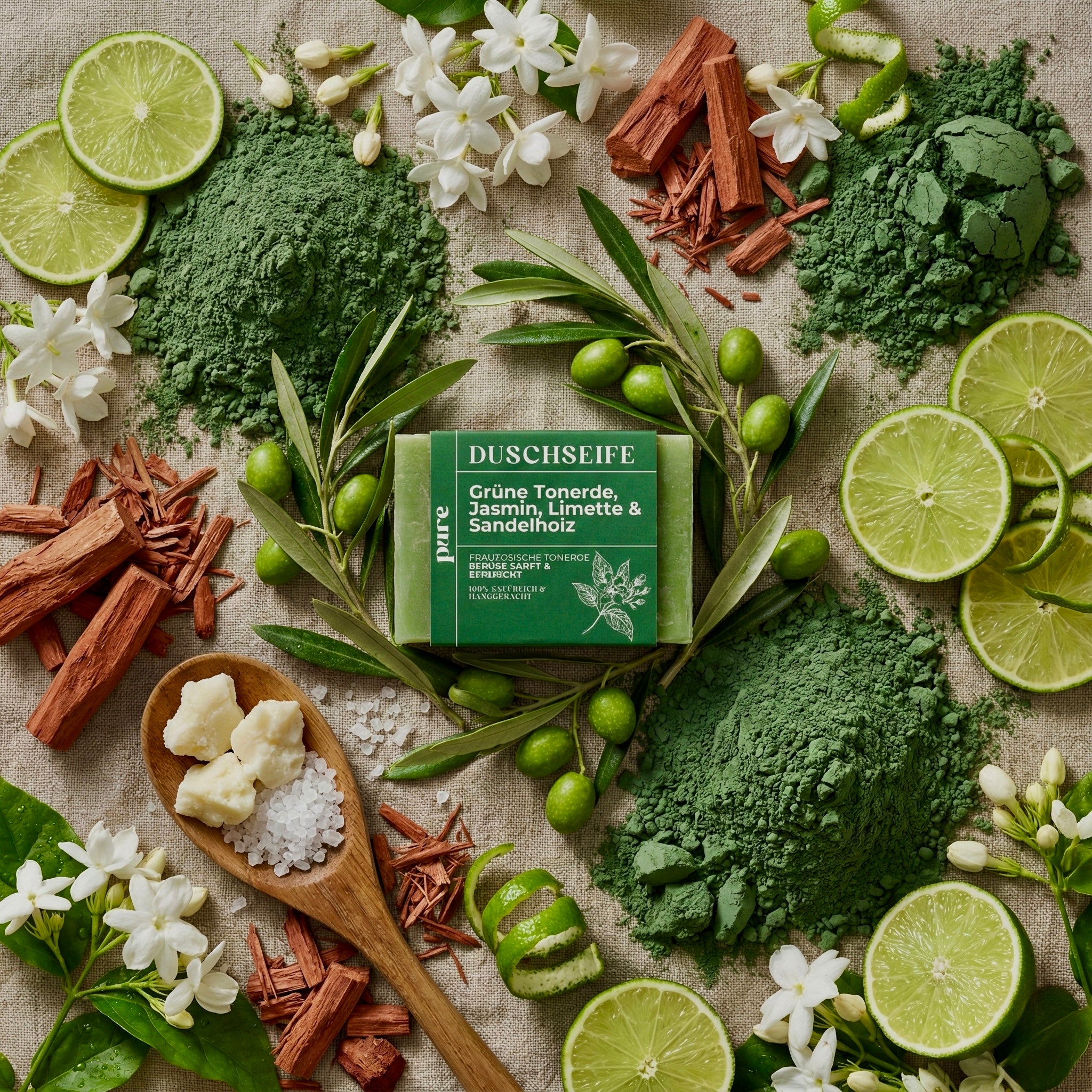 Duschseife mit Grüner Tonerde, Jasmin, Limette & Sandelholz 100g