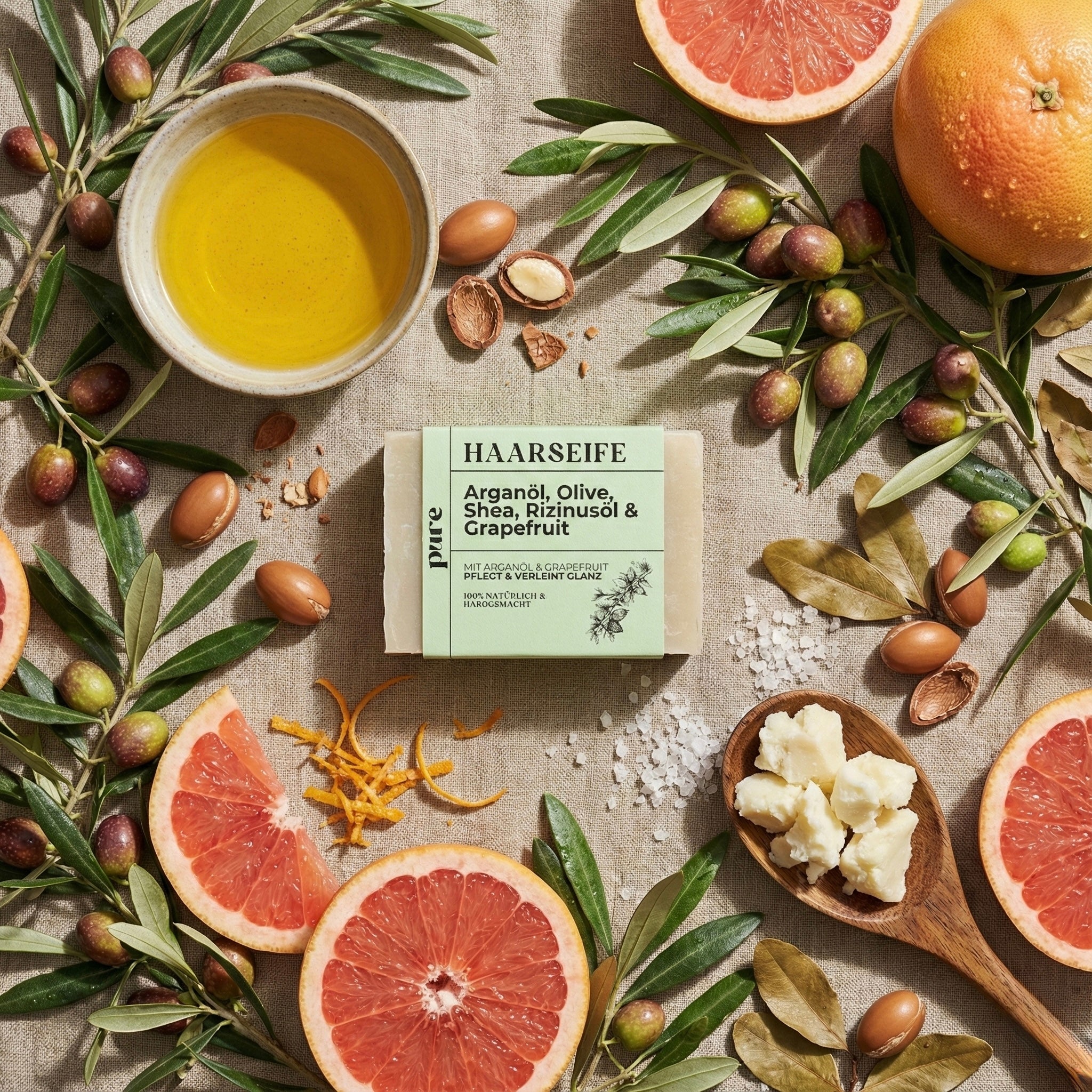 Haarseife mit Arganöl, Olive, Shea & Grapefruit 100g