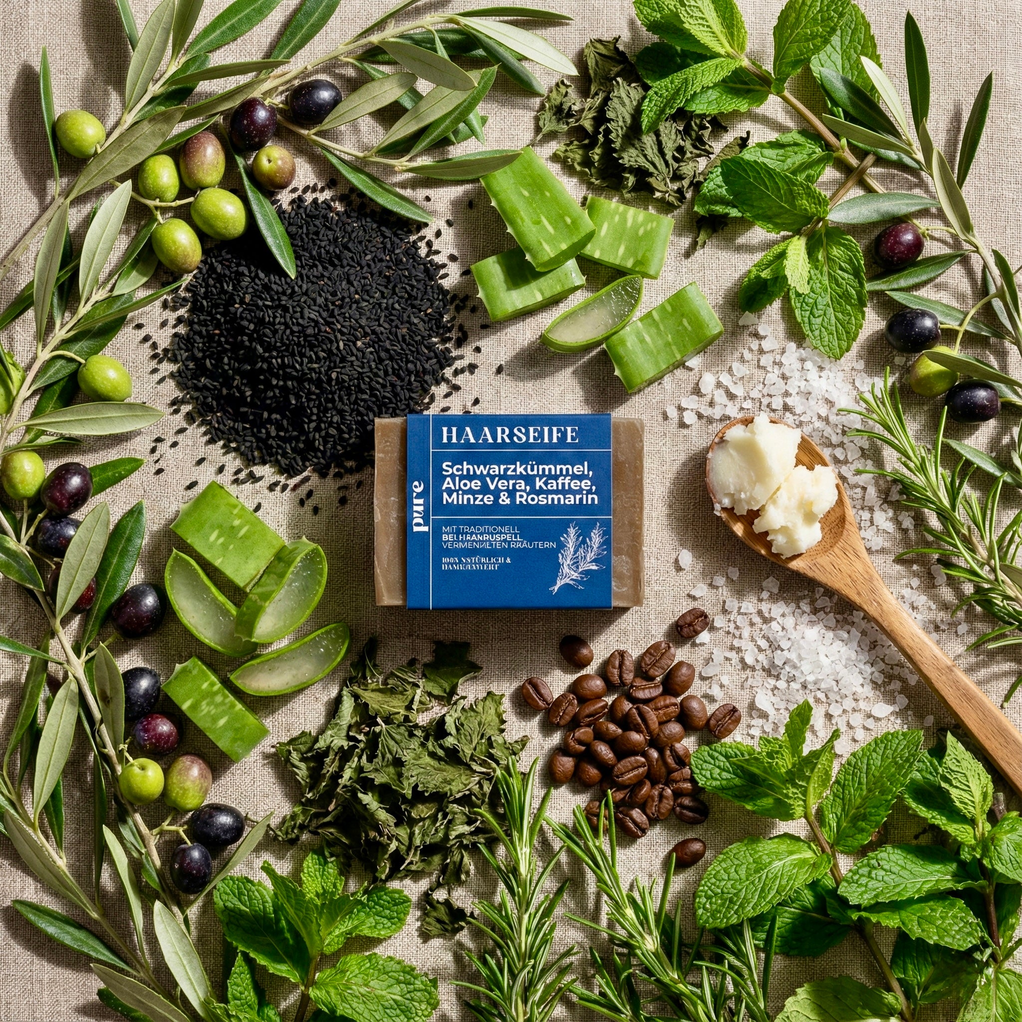 Haarseife mit Schwarzkümmel, Aloe Vera, Kaffee & Rosmarin 100g